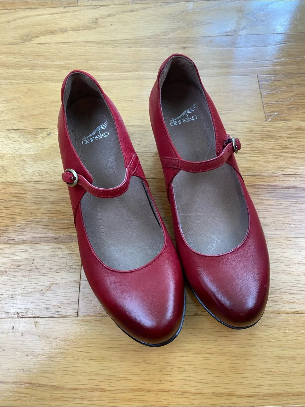 Dansko Red Loralie Nubuck Leather Mary Jane Wedge Women 38 US 7.5 Buckle Comfort